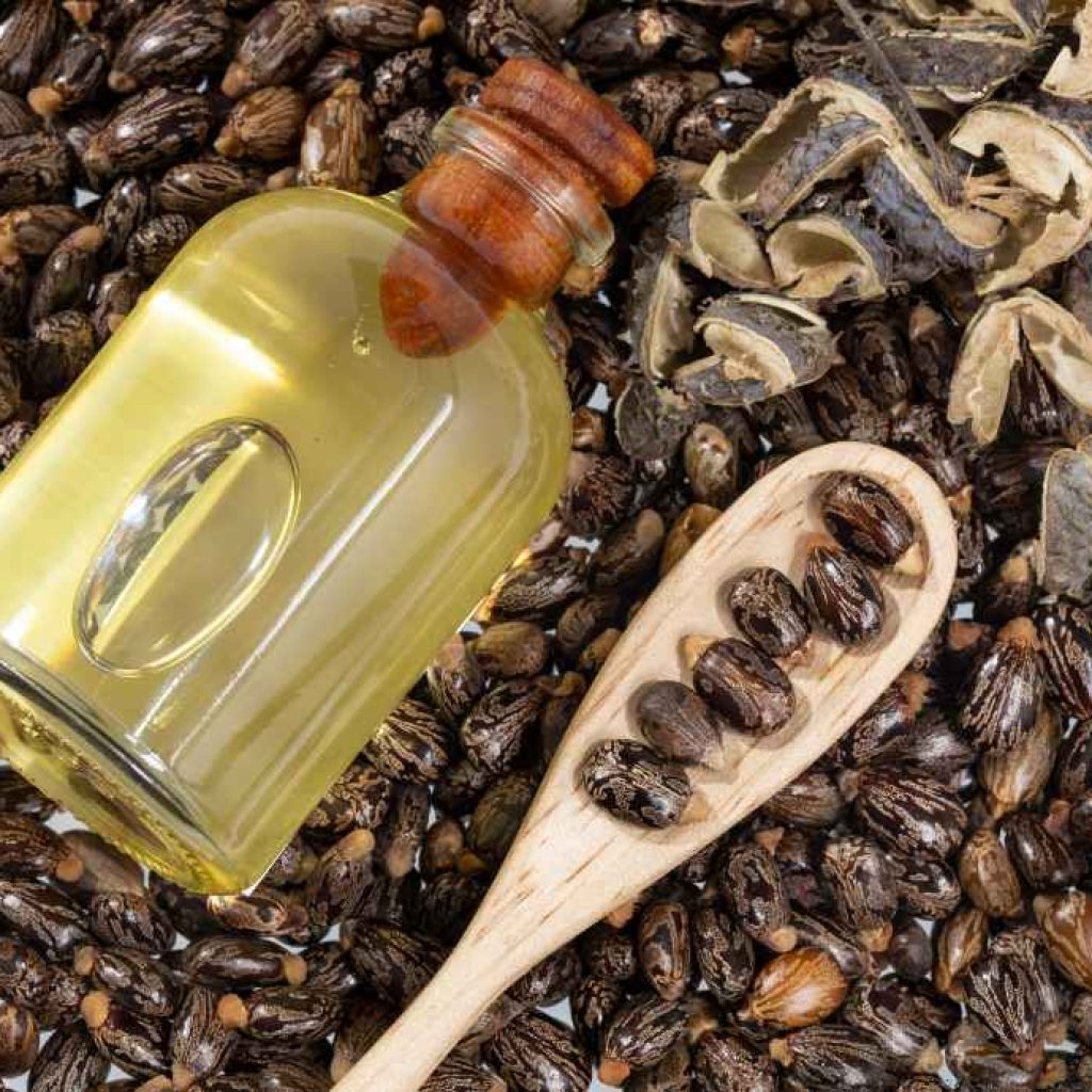 Glass bottle of castor oil on decorative beans with wooden spoon