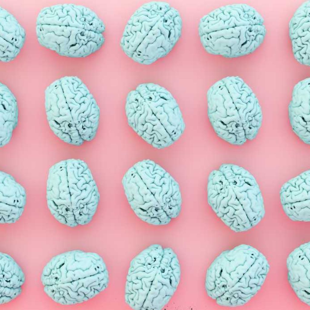 blue brain images multiple on a pink background