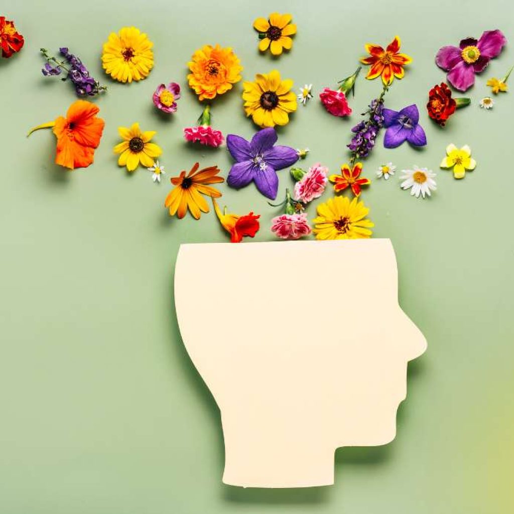 A silhouette of a human head with vibrant flowers emerging from the top, symbolizing the blossoming of ideas, creativity, and positive thoughts. The background is a soft, muted green, enhancing the contrast and vibrancy of the flowers.