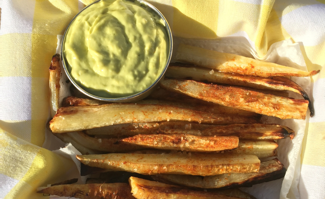 Roasted Parsnip Fries with Raw Avocado Mayonnaise