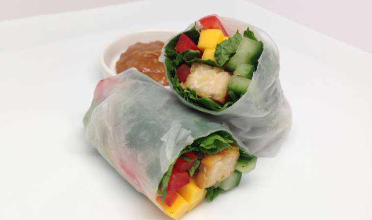 Summer Rolls with Tempeh, Mango, and Mint + Ginger Almond Dipping Sauce